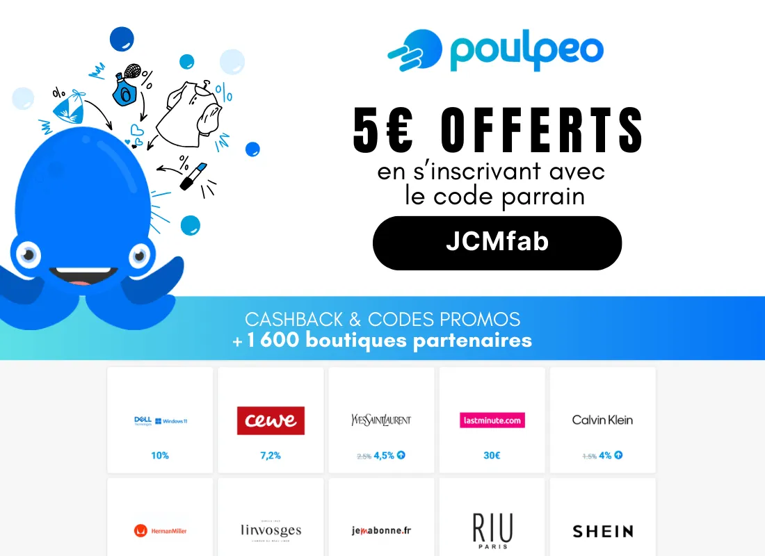 poulpe bleu poulpeo, 5 euros offerts en s'inscrivant avec le code JCfab, cashback & codes promos +1600 boutiques partenaires